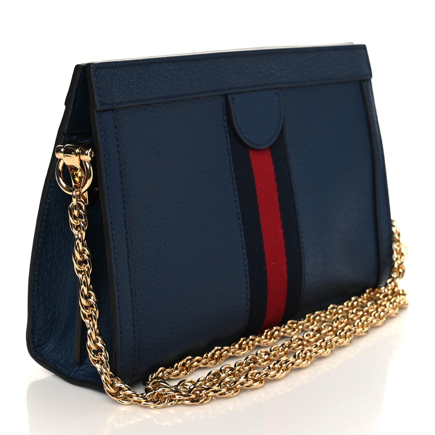 Textured Calfskin Web Small Ophidia Chain Shoulder Bag Blue Agata