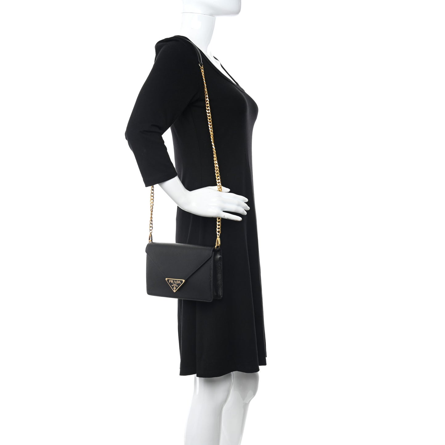 Saffiano Lux Metal Triangle Logo Mini Envelope Chain Shoulder Bag Black