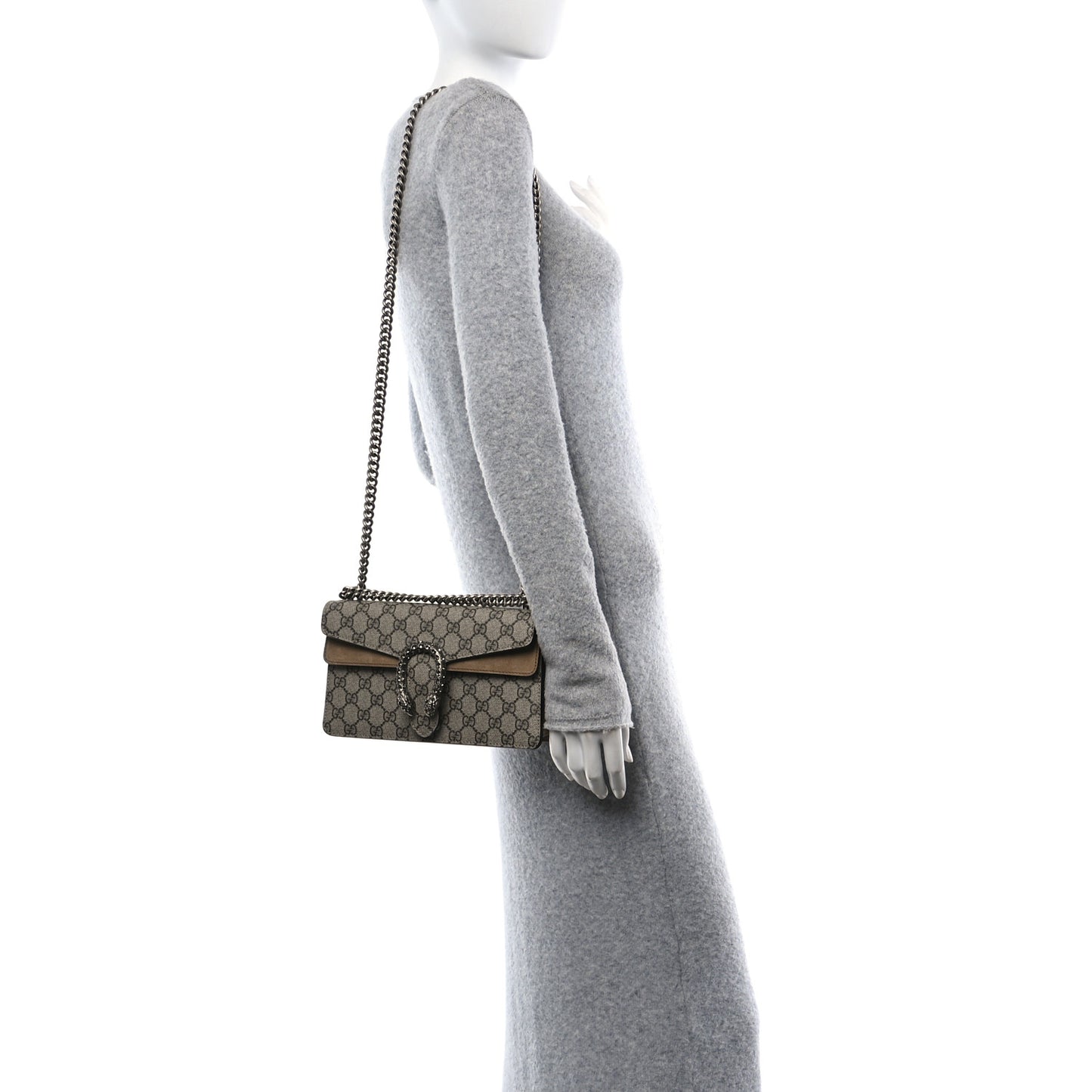 GG Supreme Monogram Suede Crystal Small Dionysus Shoulder Bag Beige Ebony Taupe