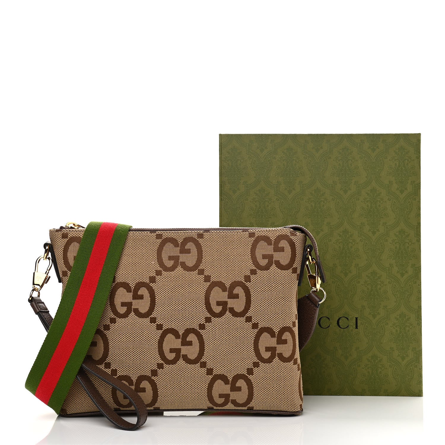 Gucci Monogram Jumbo GG Textured Dollar Calfskin Web Wristlet Messenger Bag Camel Ebony New Acero 11 of 11