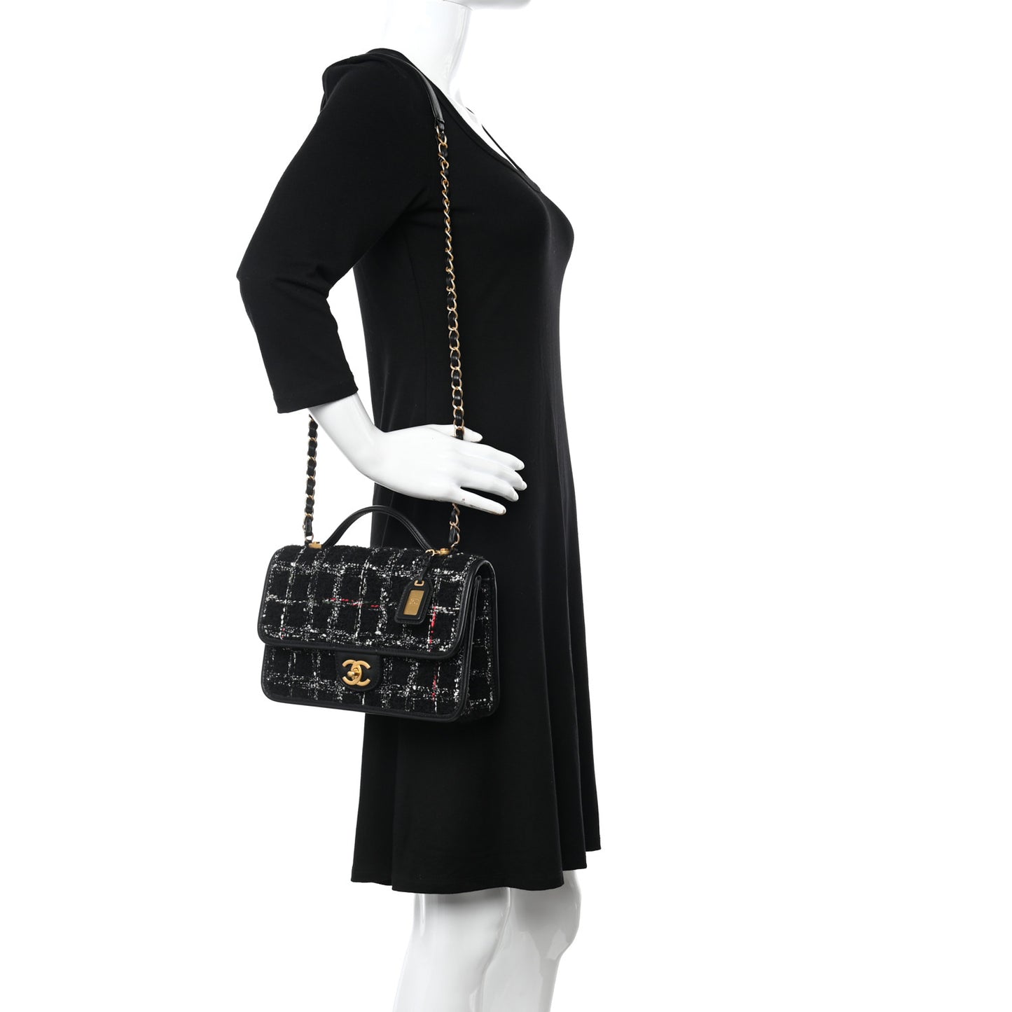 Tweed School Memory Small Top Handle Flap Black White