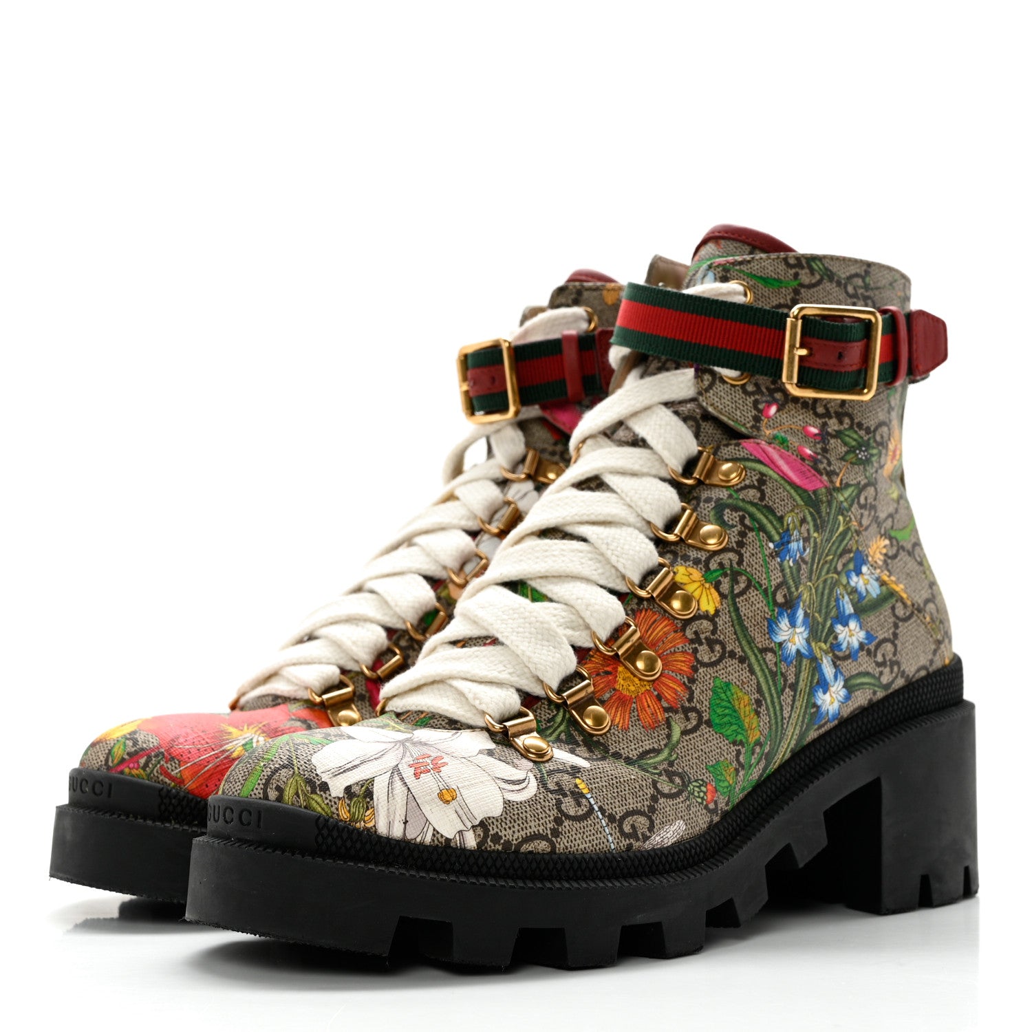 Gucci GG Supreme Monogram Flora Lace Up Combat Ankle Boots 38 Beige Multicolor Red 3 of 15