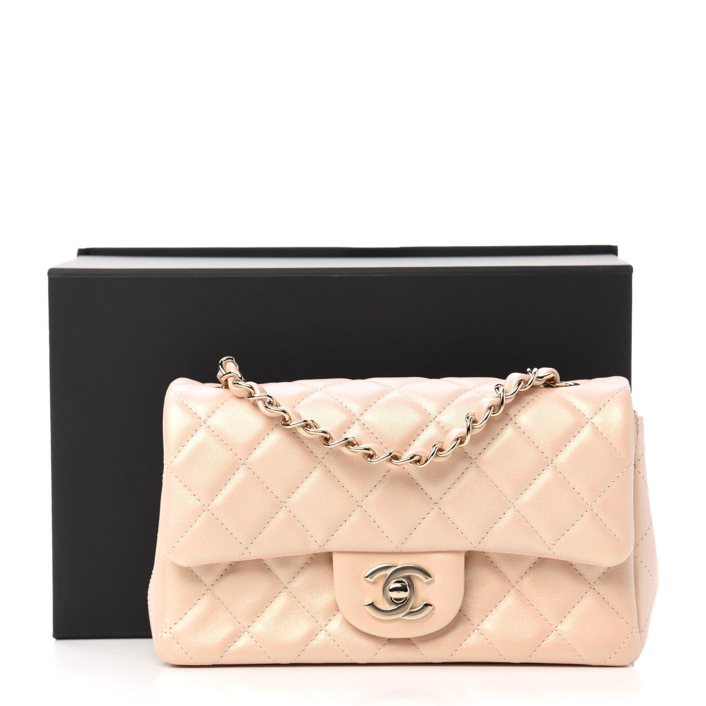 Iridescent Lambskin Quilted Mini Rectangular Flap Beige