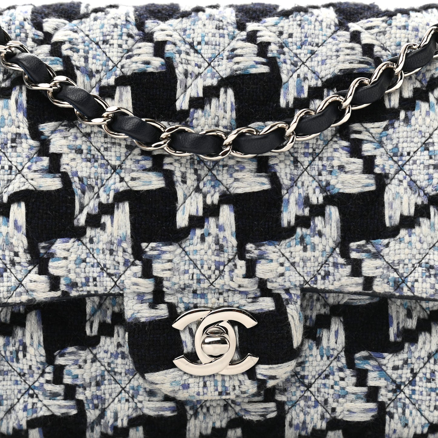 Tweed Quilted Medium Double Flap Black White Light Blue