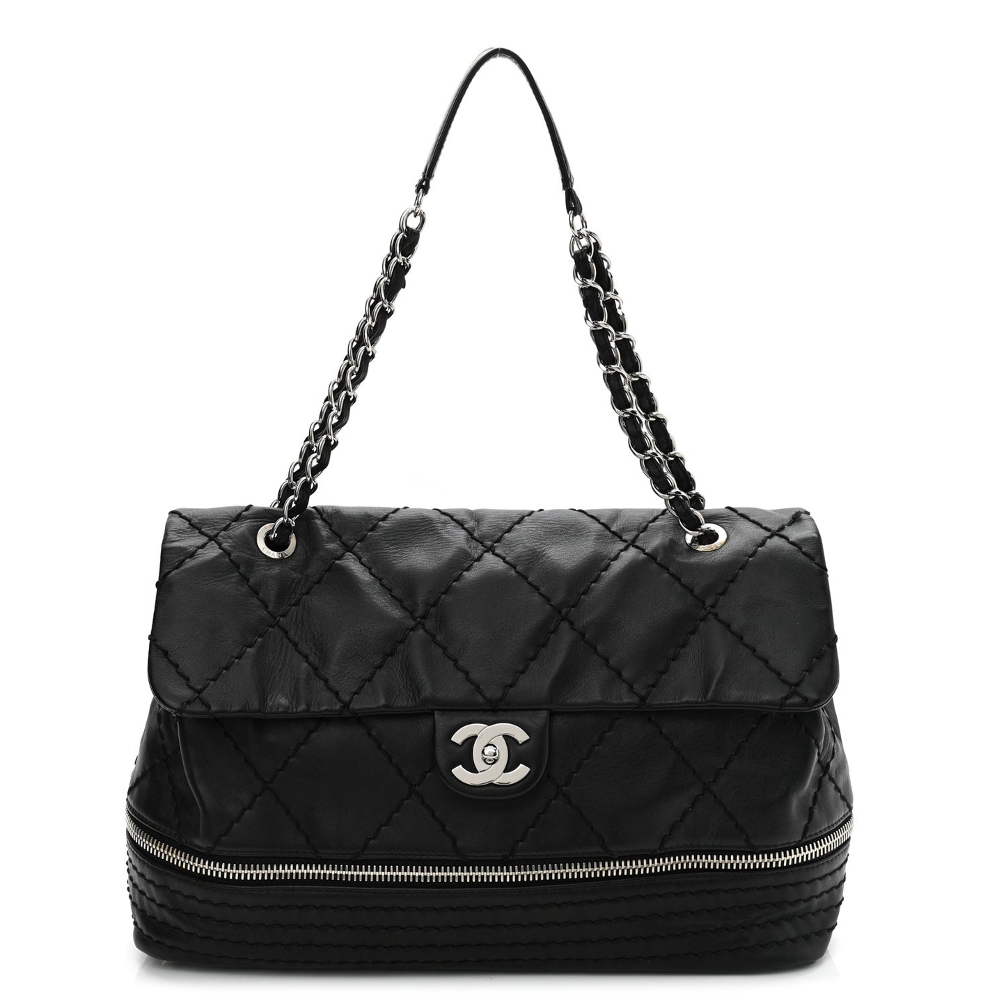 Calfskin Stitched Large Expandable Flap Bag Black