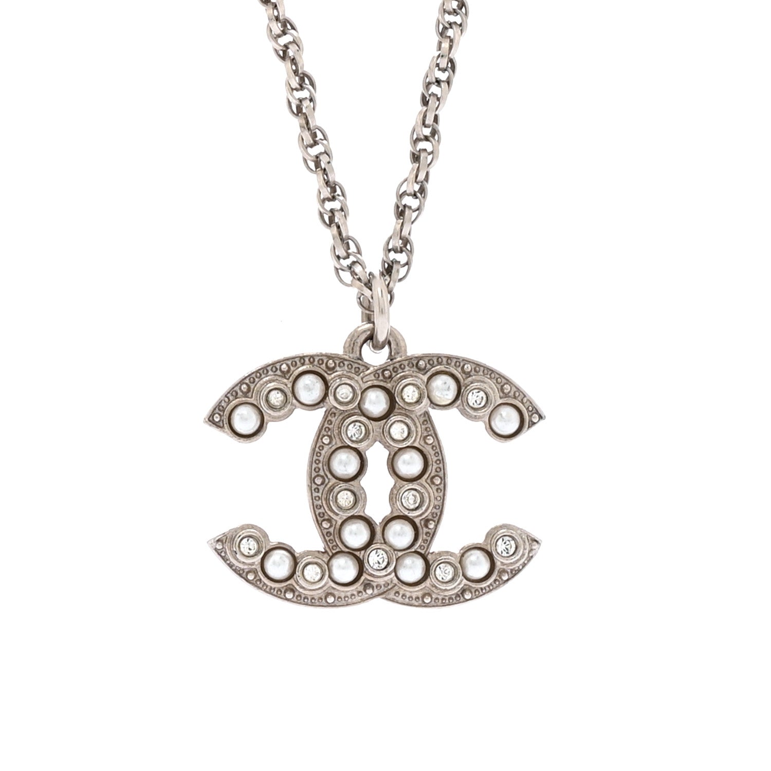 Chanel Pearl Crystal CC Pendant Necklace Silver 4 of 6