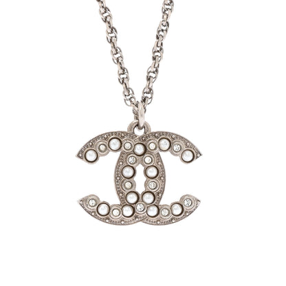 Chanel Pearl Crystal CC Pendant Necklace Silver 4 of 6
