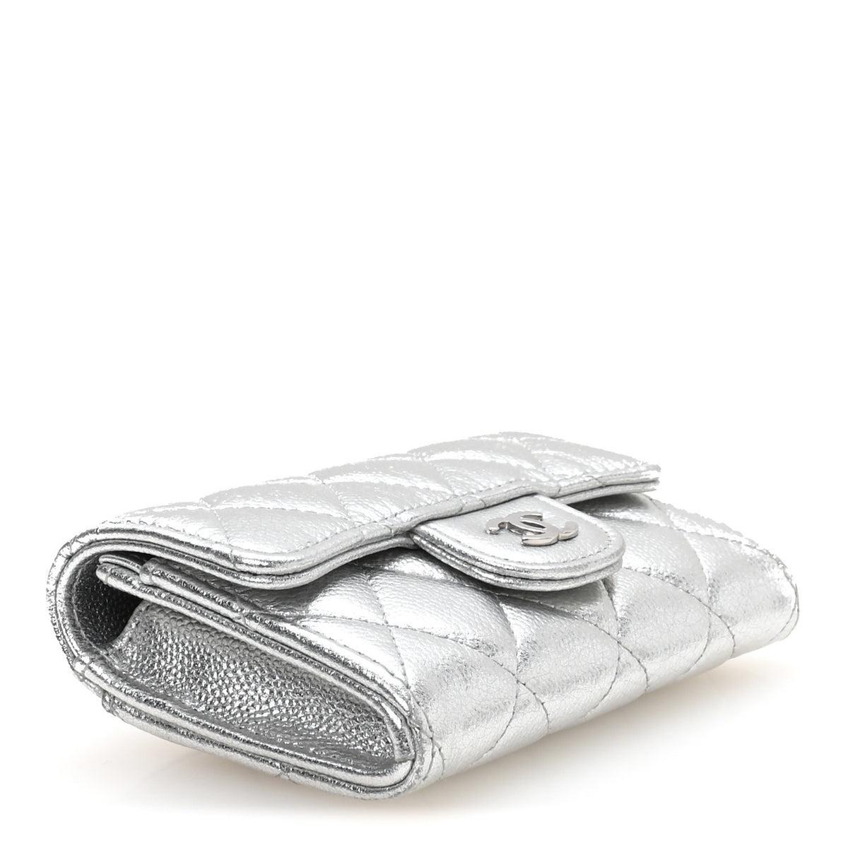 Metallic Caviar Quilted Flap Card Holder Wallet Silvery