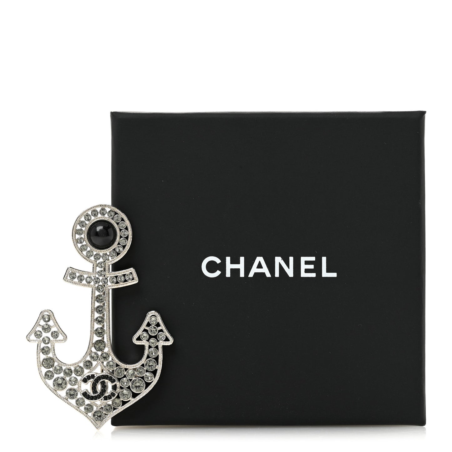 Crystal Pearl CC Anchor Brooch Silver
