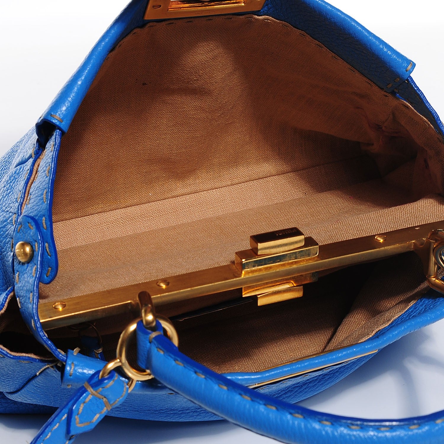 Fendi Cuoio Romano Raffia Selleria Medium Peekaboo Iconic Satchel Blue 5 of 13