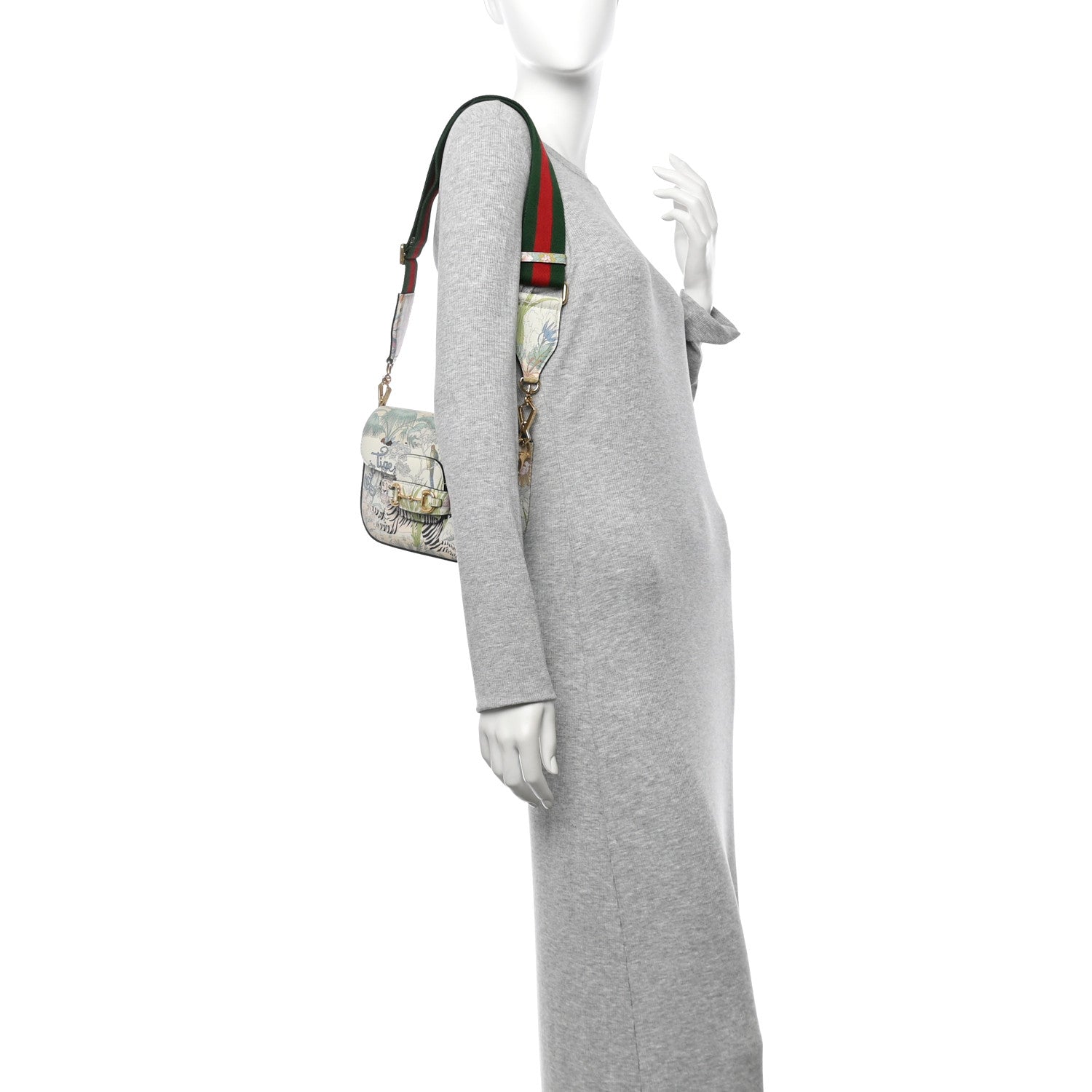 Gucci New Shangai Calfskin Tiger Savanah Web Mini Horsebit 1955 Shoulder Bag Chalky White Multicolor 2 of 11