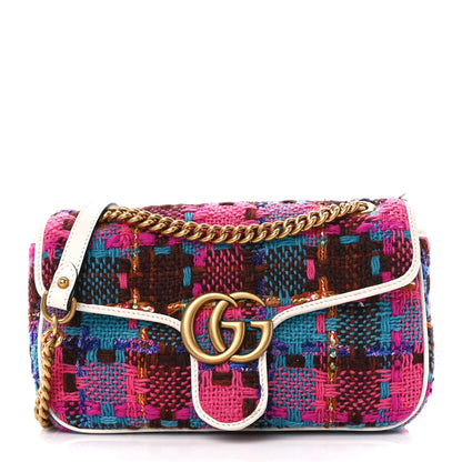 Gucci Tweed Calfskin Spicy Check Small GG Marmont Shoulder Bag Pink Multicolor Mystic White 1 of 11