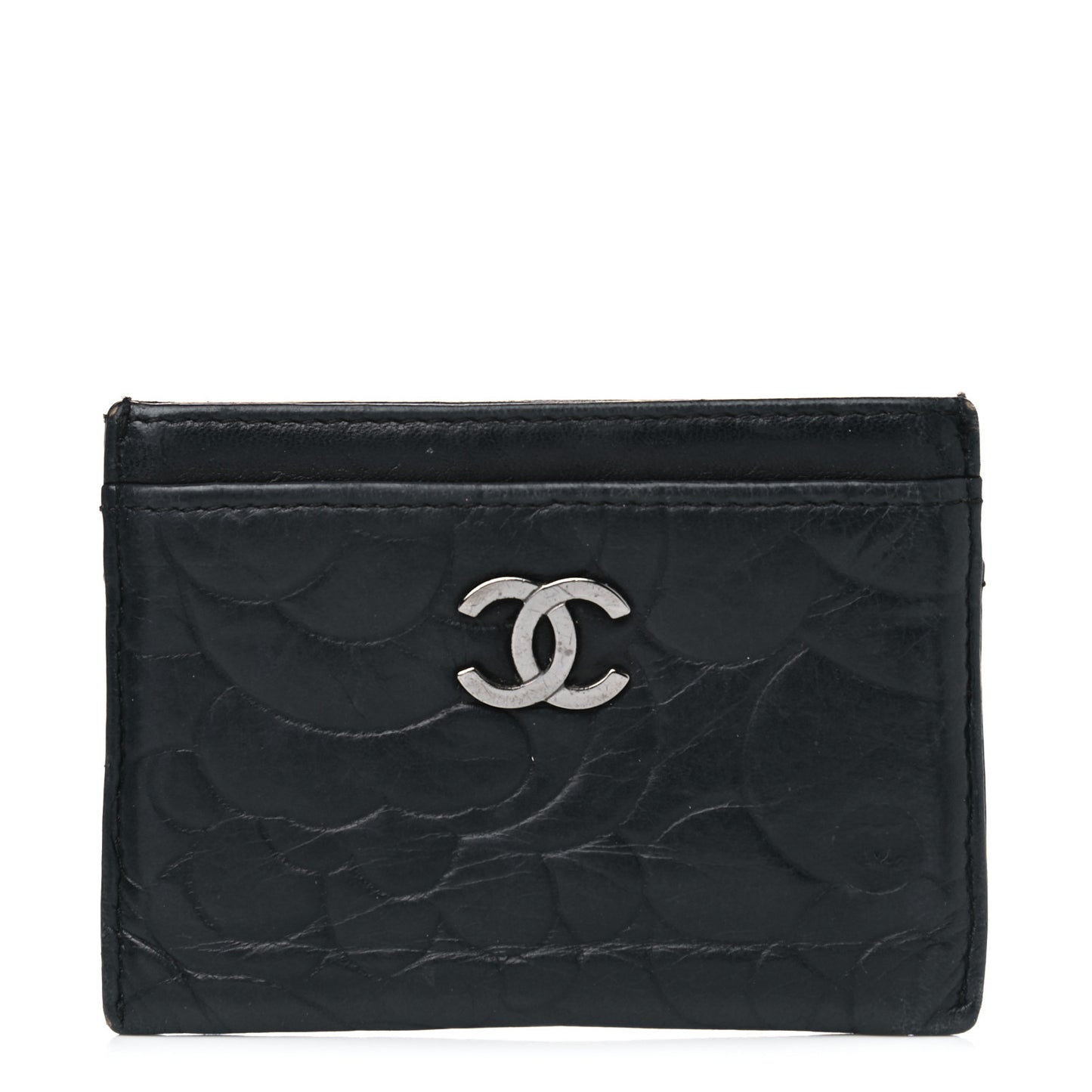 Lambskin Camellia Embossed Card Holder Black