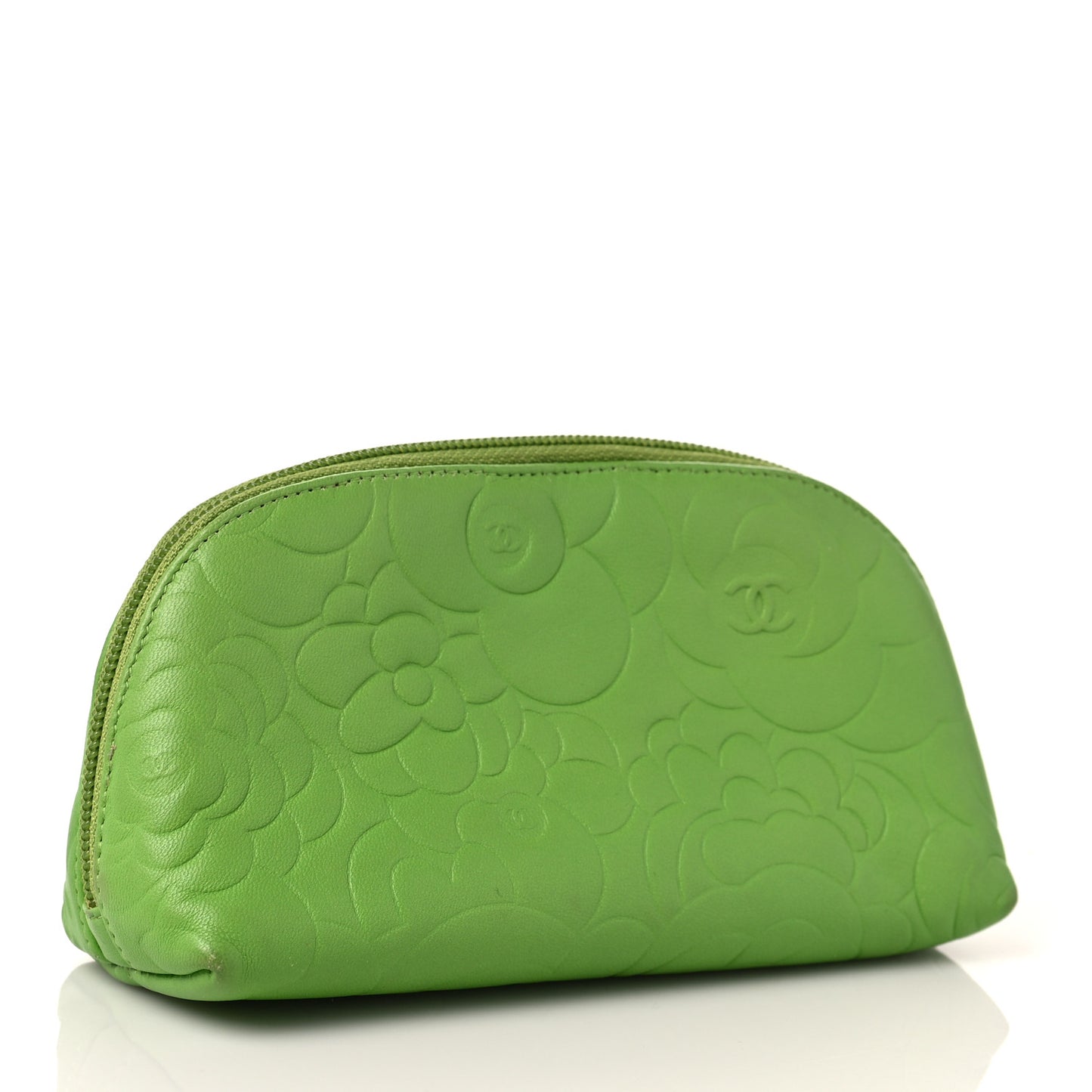 Lambskin Camellia Embossed Cosmetic Case Green