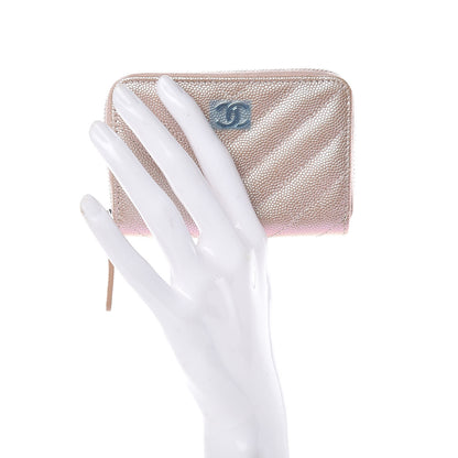 Chanel Metallic Caviar Chevron Quilted Zip Around Coin Purse Light Gold 2 of 8