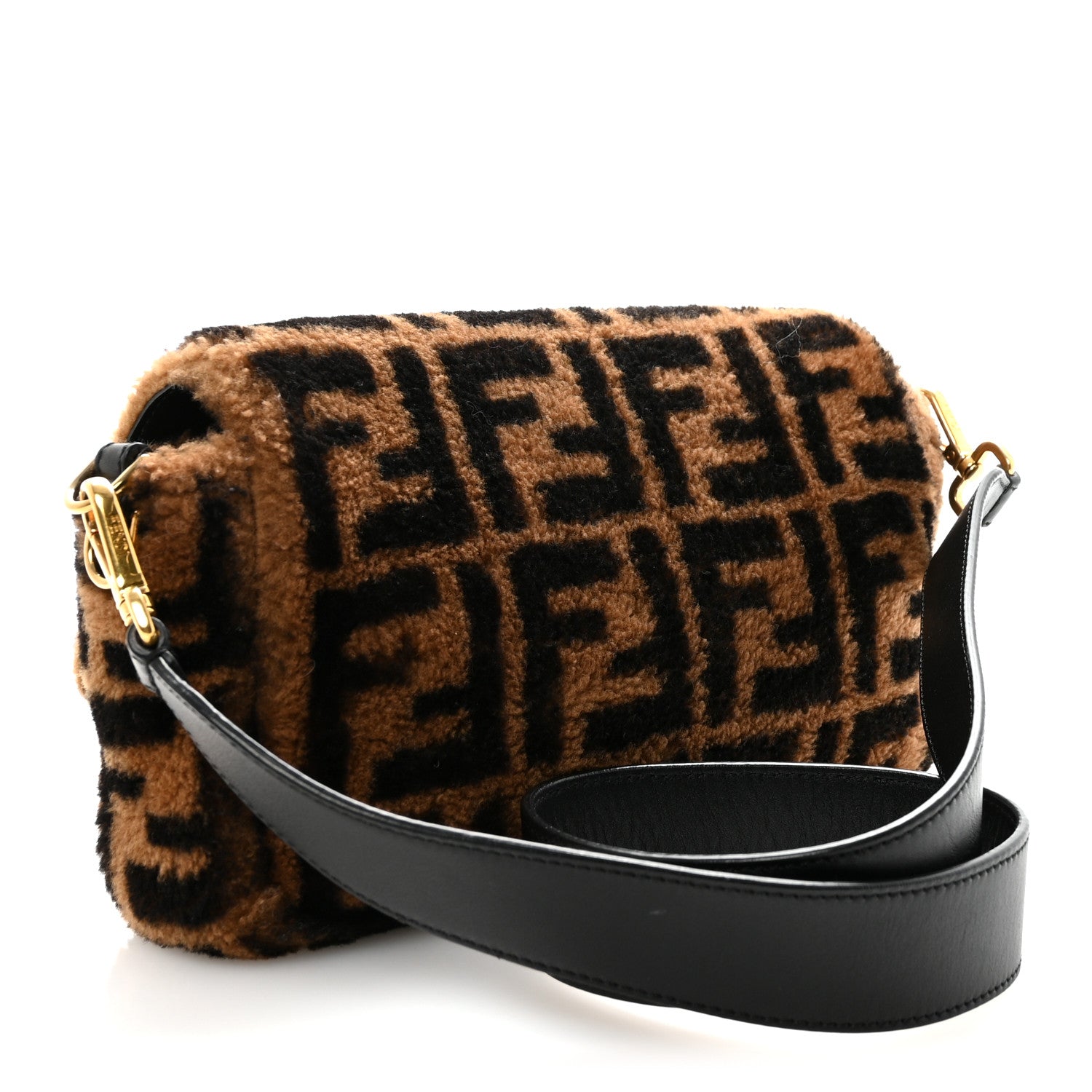 Fendi Shearling Vitello Dolce Macro FF 1974 Baguette Tobacco Black