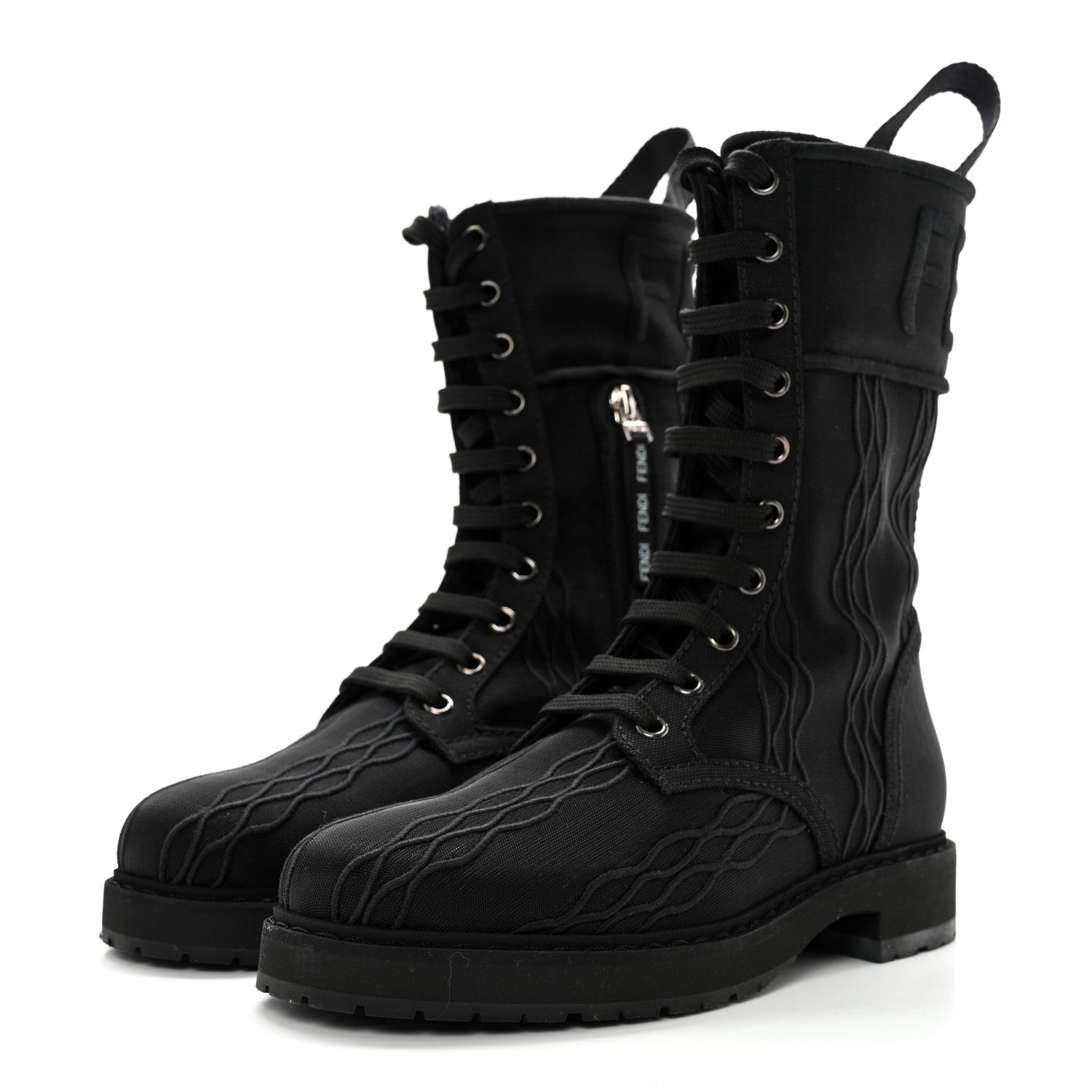 Fendi Mesh Canvas Embroidered Womens Lace Up Boots 36.5 Black 3 of 12