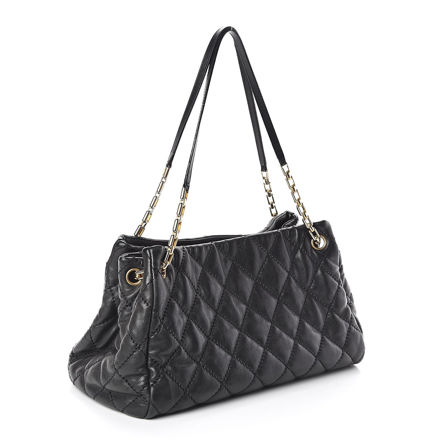 Calfskin Quilted Large Retro Chain Tote Black