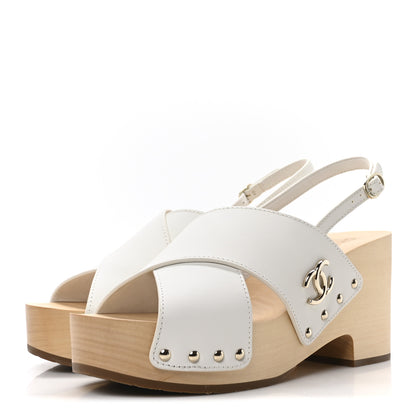 Chanel Calfskin Studded Slingback Clog Sandals 40 White 4 of 10