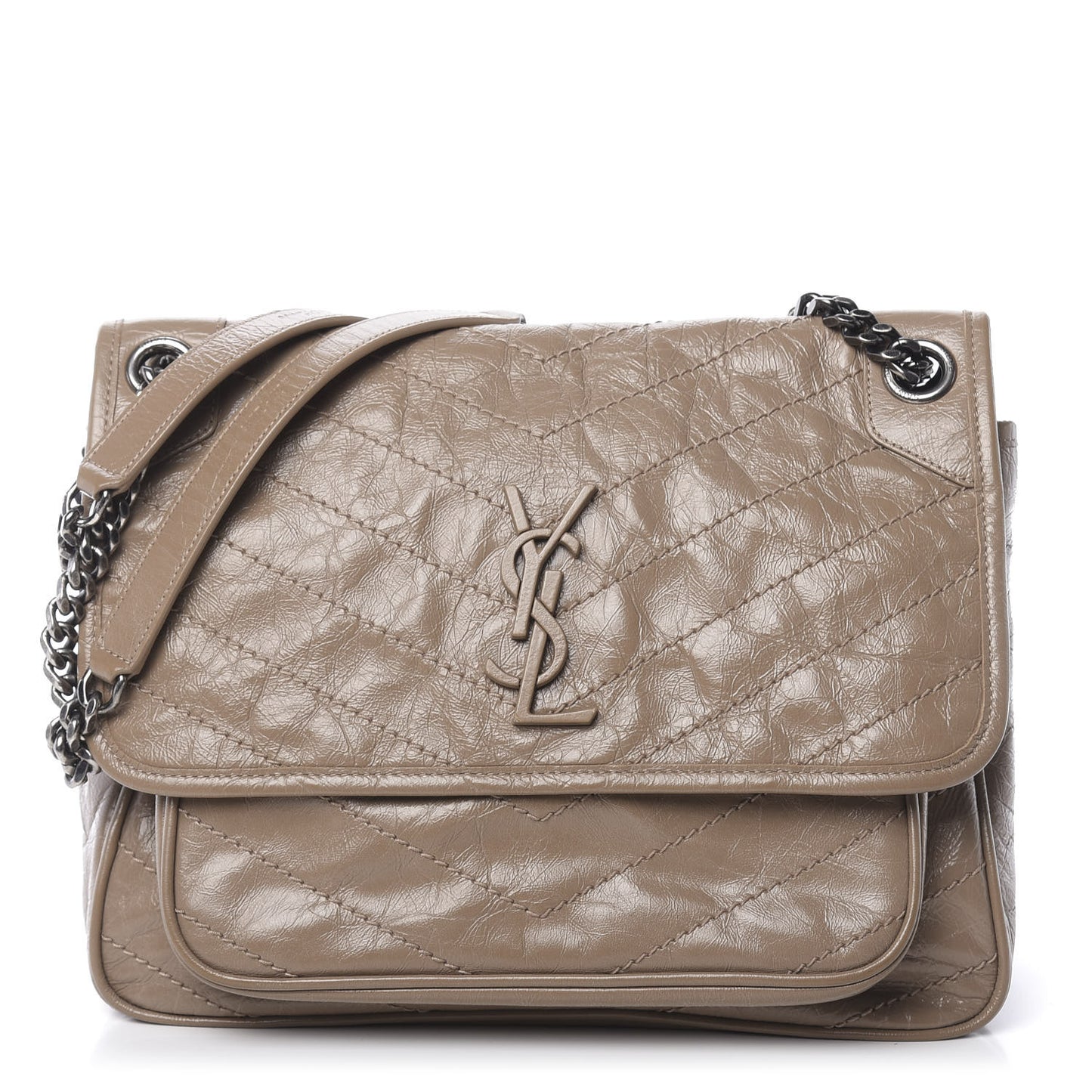 Crinkled Calfskin Matelasse Monogram Medium Niki Chain Satchel Light Taupe