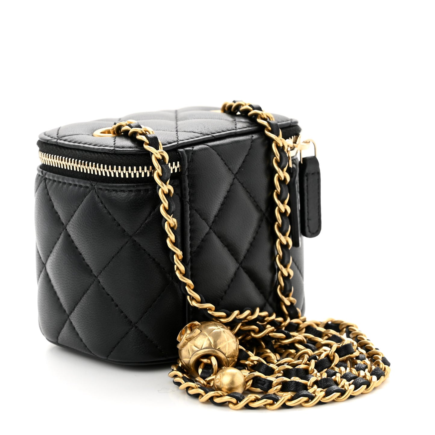 Lambskin Quilted Mini Pearl Crush Vanity Case With Chain Black