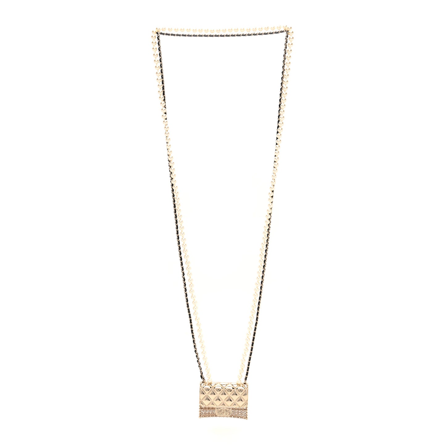 Metal Lambskin Pearl Chain Flap Bag Long Necklace Gold Black Pearly White