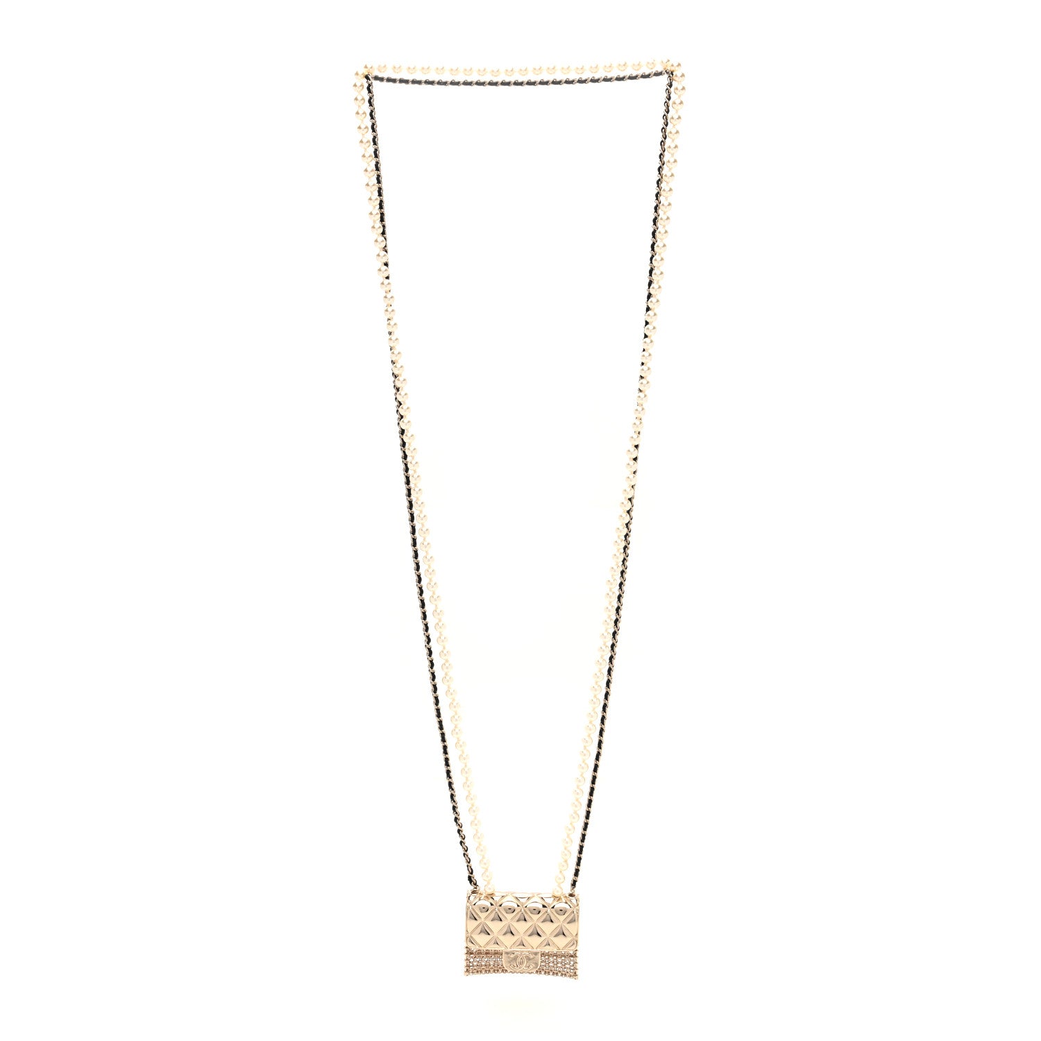Chanel Metal Lambskin Pearl Chain Flap Bag Long Necklace Gold Black Pearly White 2 of 6