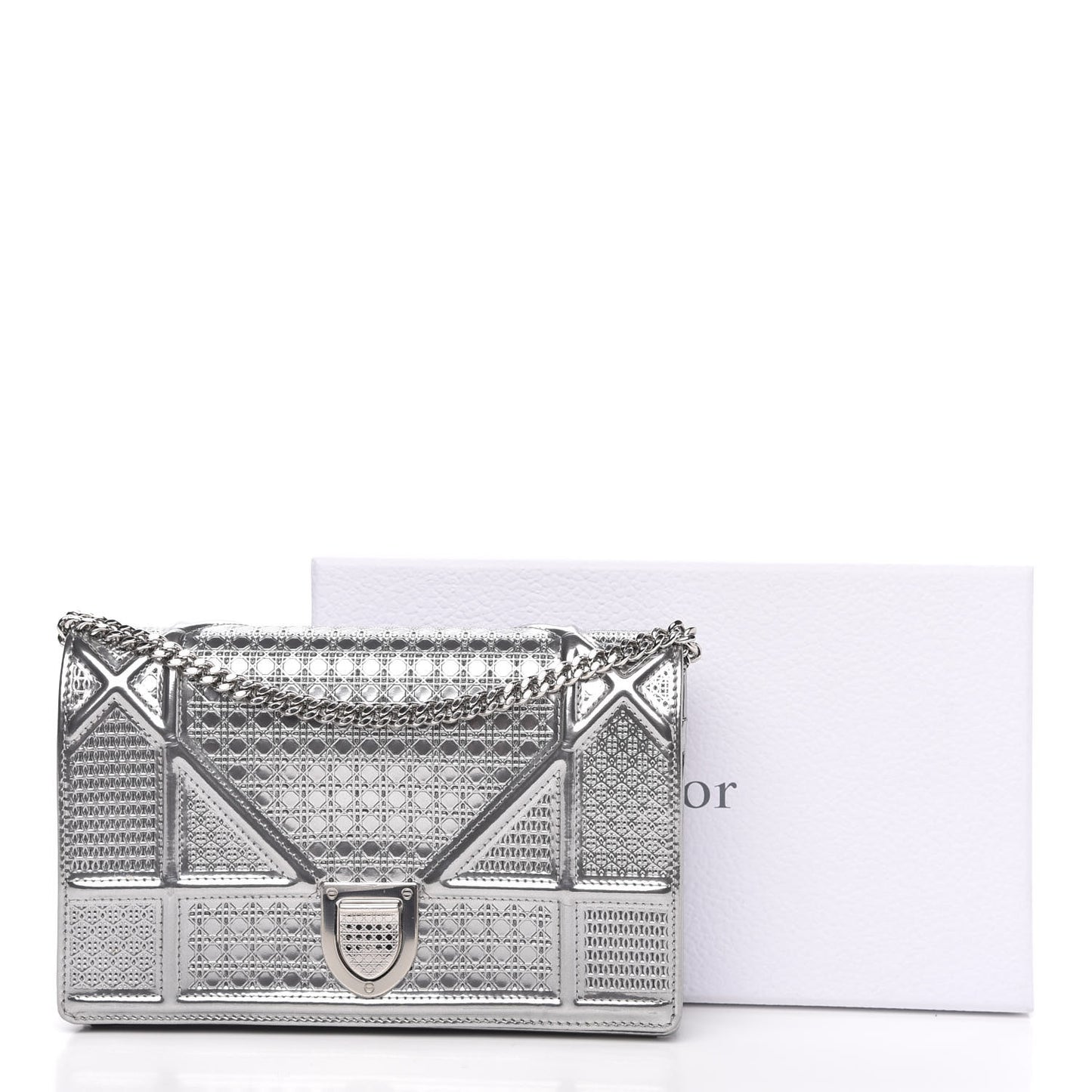 Metallic Patent Micro-Cannage Diorama Wallet on Chain Pouch Silver