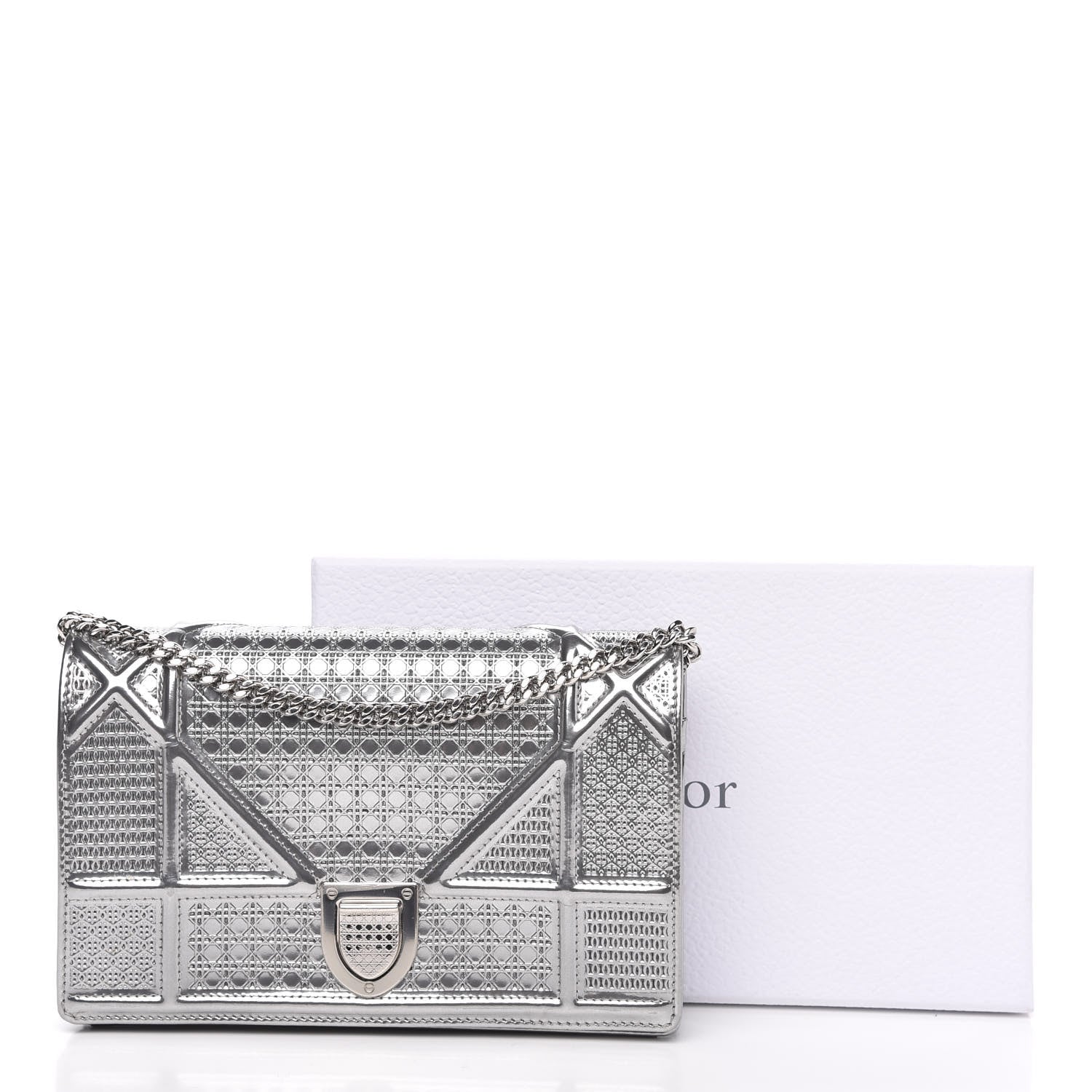 Christian Dior Metallic Patent Micro-Cannage Diorama Wallet on Chain Pouch Silver 9 of 9