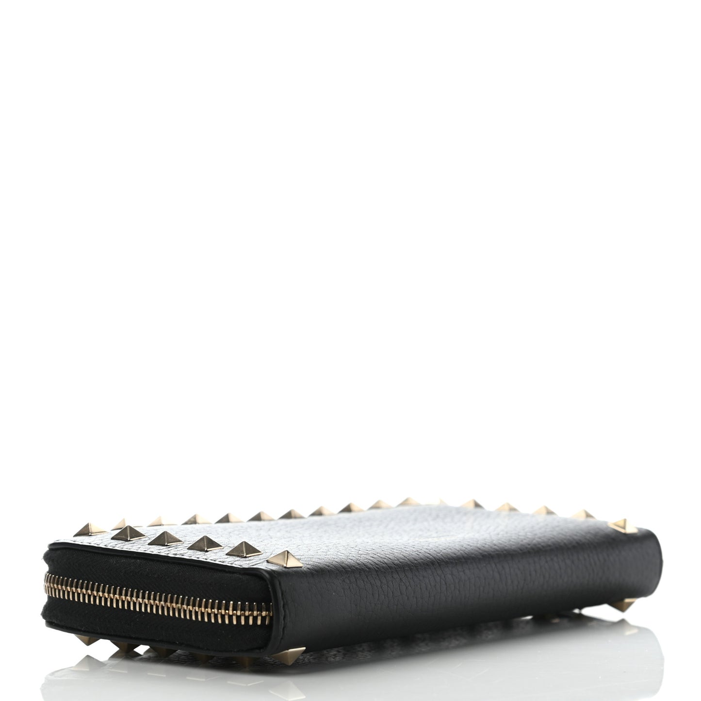Pebbled Calfskin Rockstud Zip Around Wallet Black