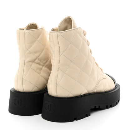 Chanel Crumpled Lambskin Quilted Platform Lace Up Combat Boots 38 Beige Black 4 of 8
