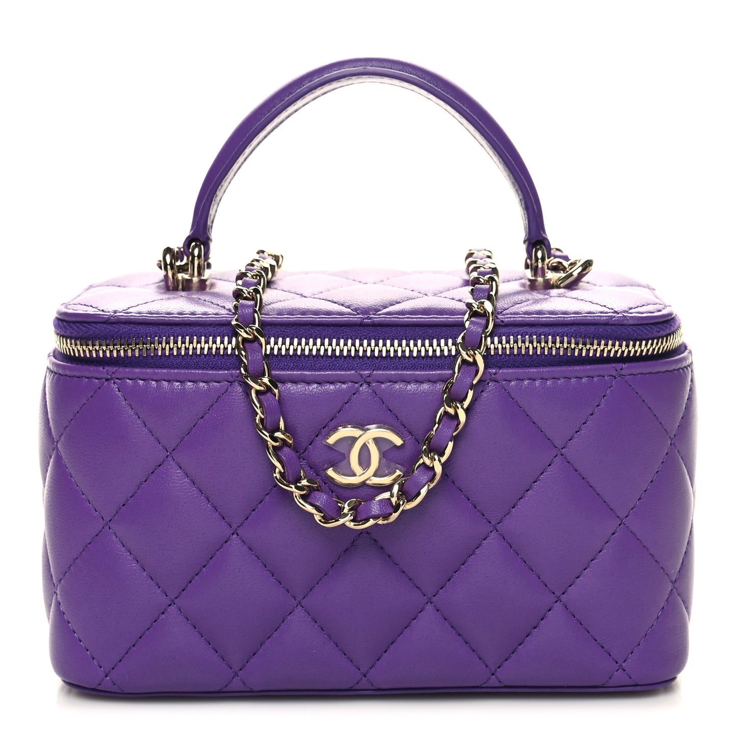 Lambskin Quilted Small Top Handle Vanity Case With Chain Purple