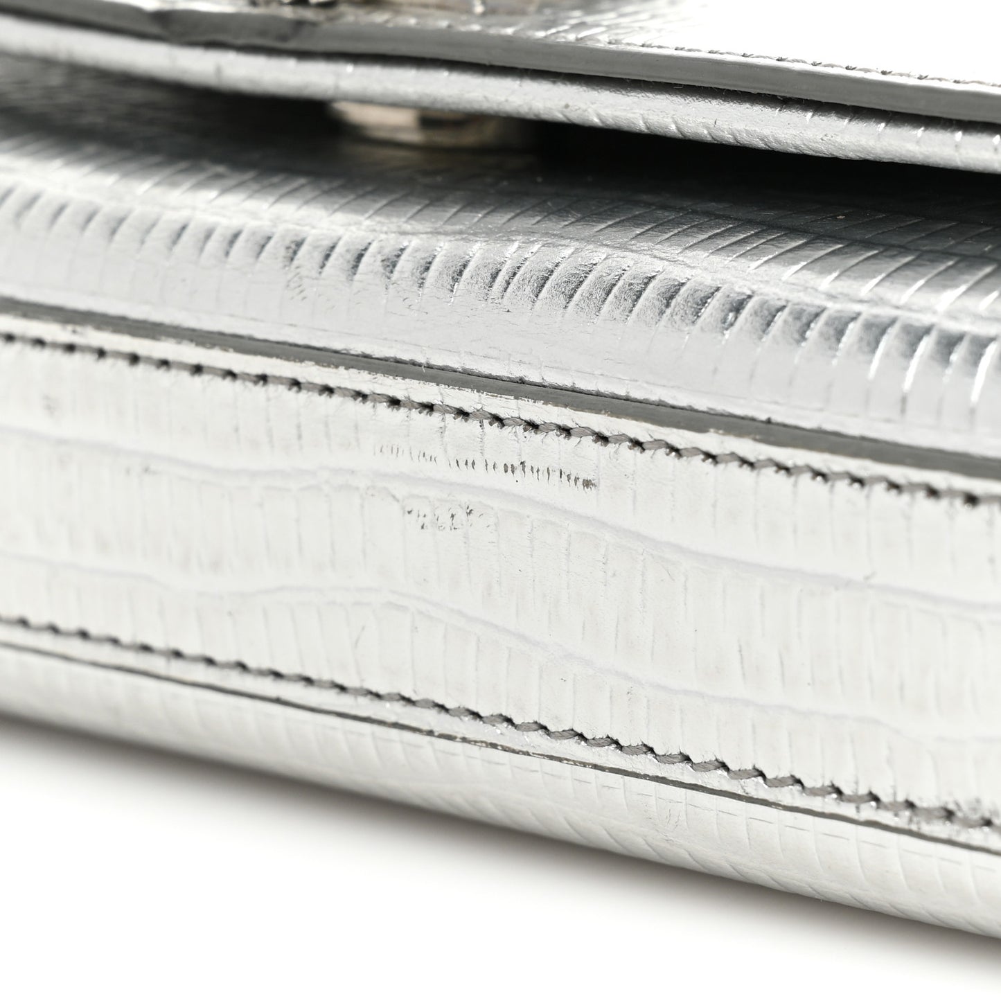 Metallic Calfskin Lizard Embossed Small Classic Monogram Kate Tassel Satchel Silver