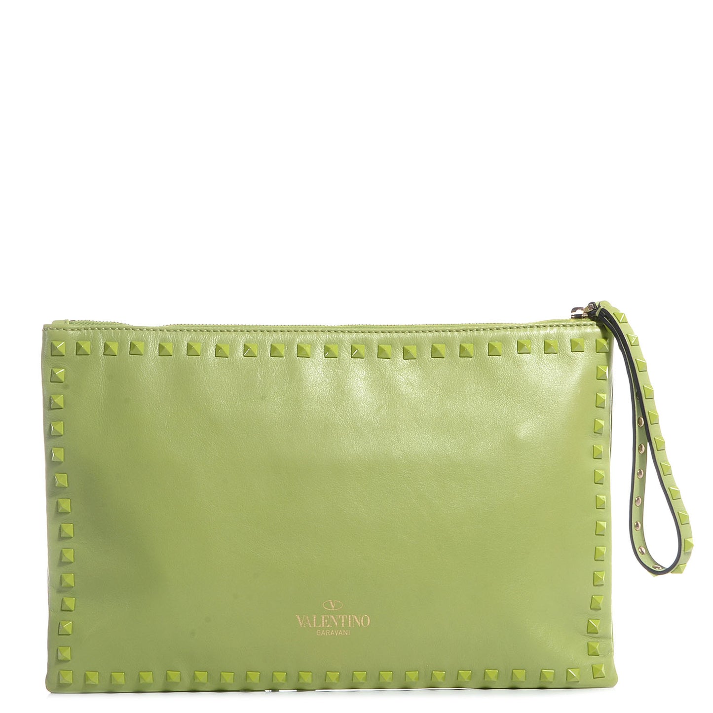 Vitello Monochrome Large Rockstud Zip Wristlet Pouch Pop Apple