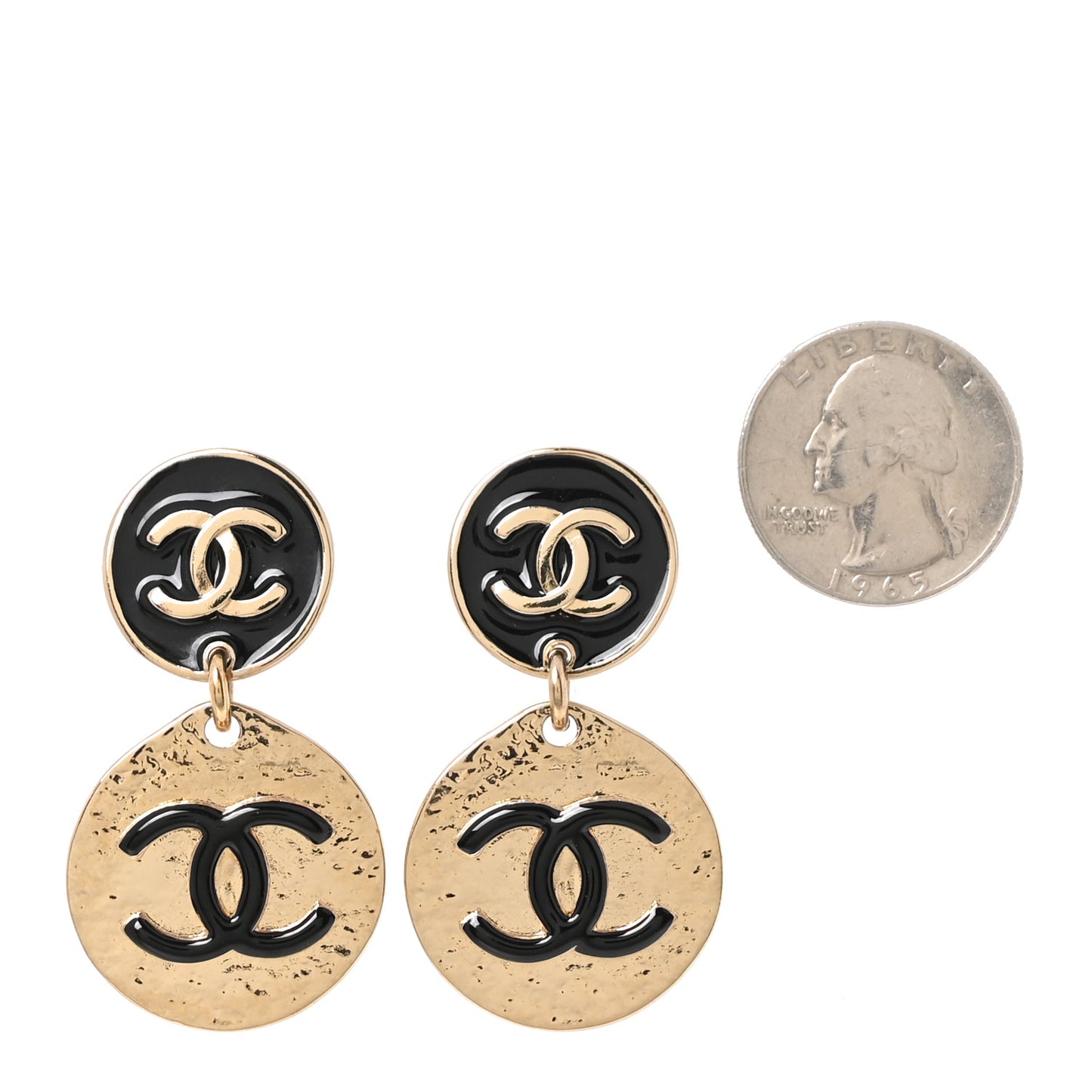 Enamel CC Disc Drop Earrings Gold Black