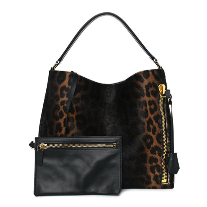 Tom Ford Pony Hair Leopard Print Small Alix Padlock Zip Hobo Bag Black Beige 1 of 7
