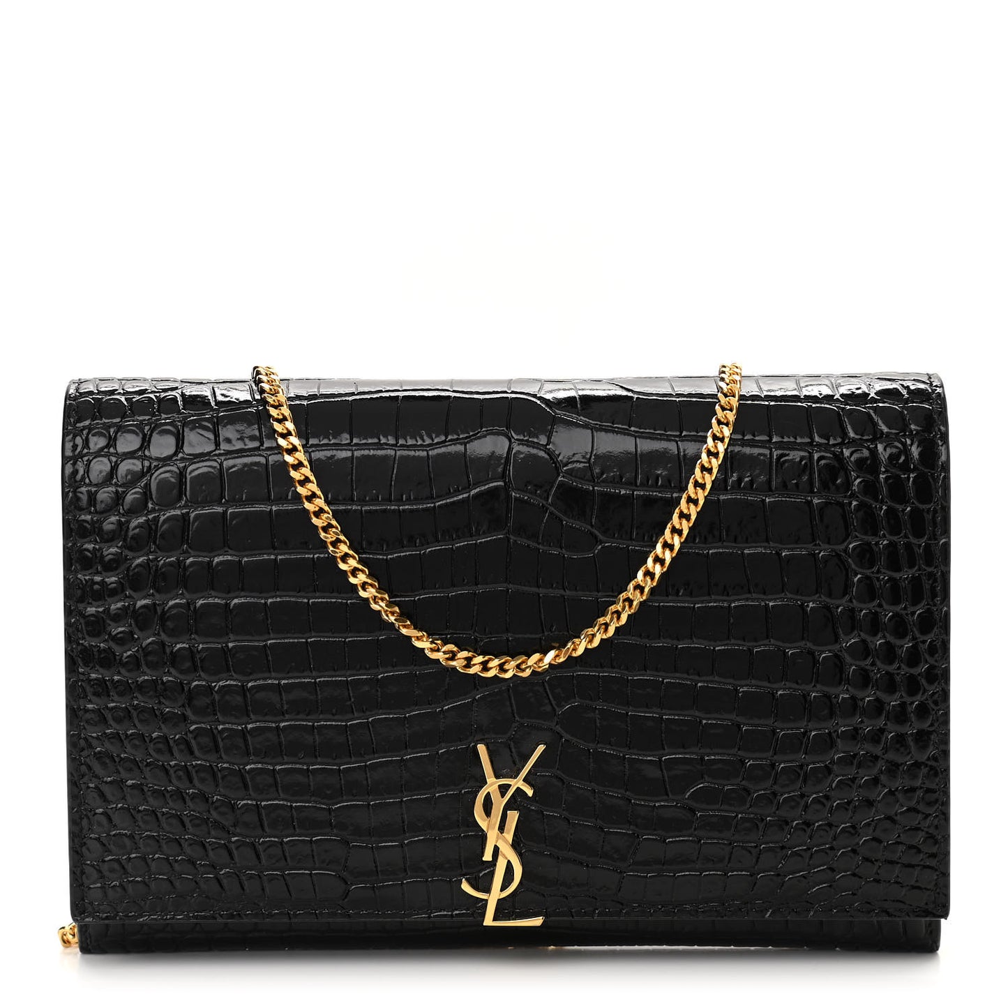 Calfskin Crocodile Embossed Monogram Chain Wallet Black