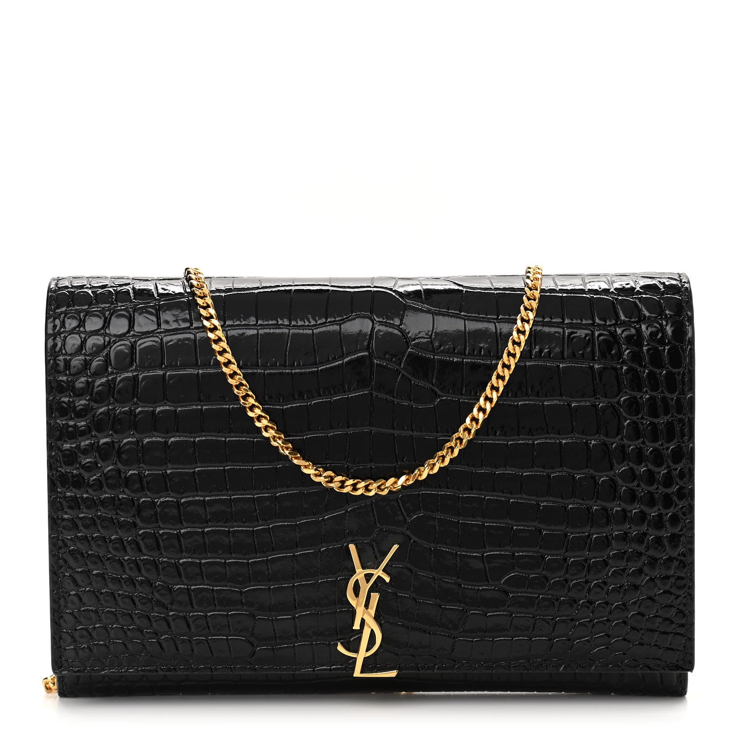 Saint Laurent Calfskin Crocodile Embossed Monogram Chain Wallet Black 1 of 10