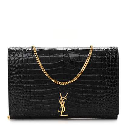 Saint Laurent Calfskin Crocodile Embossed Monogram Chain Wallet Black 1 of 10