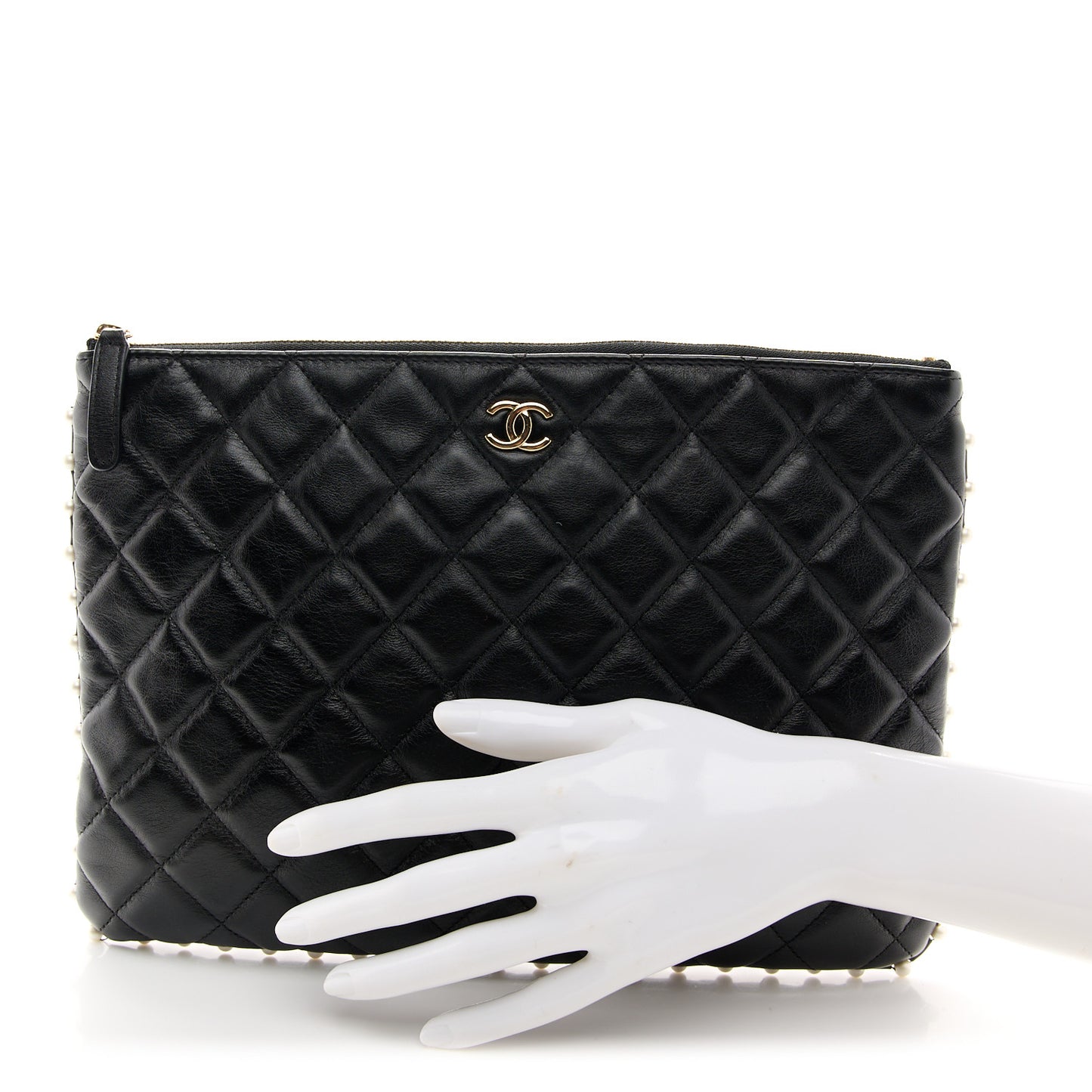 Calfskin Quilted Pearl Large Cosmetic Case Black