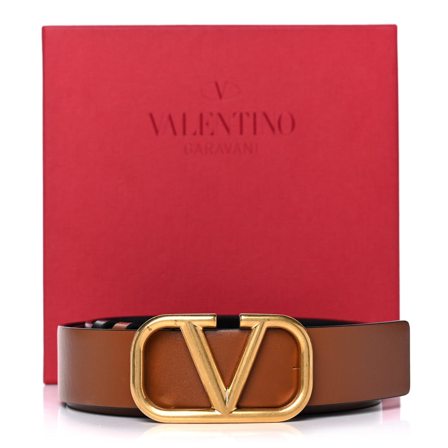 Glossy Calfskin VLogo Reversible 30mm Belt 85 34 Saddle Brown Black