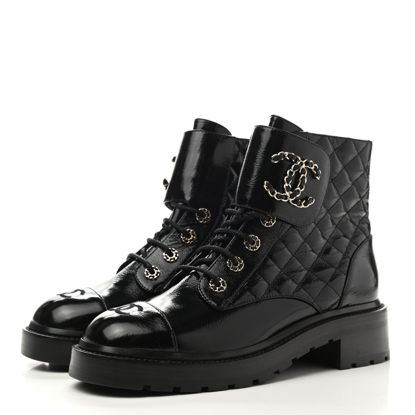 Shiny Lambskin Quilted Lace Up Combat Boots 40 Black