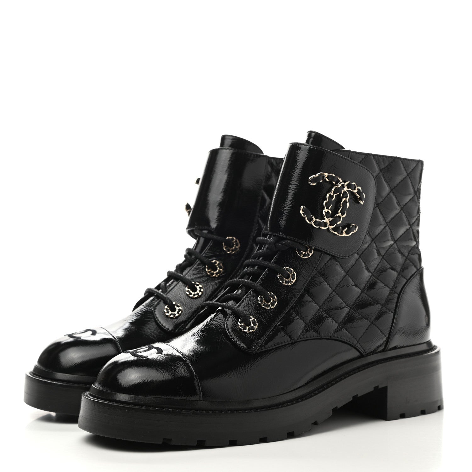 Chanel Shiny Lambskin Quilted Lace Up Combat Boots 40 Black 3 of 10