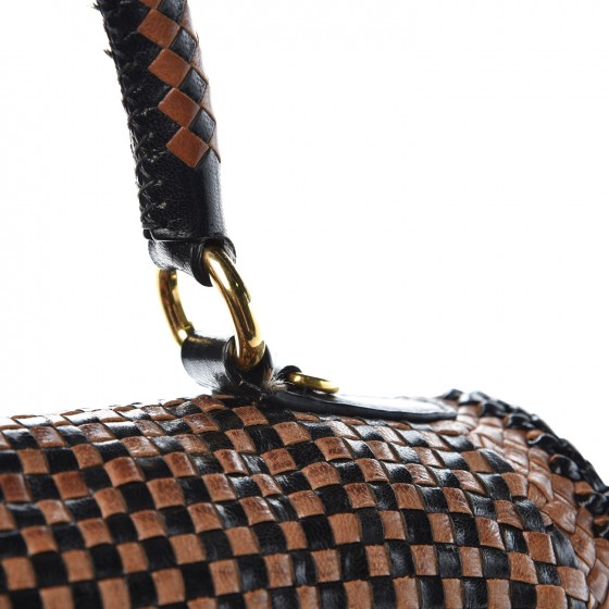 Goatskin Woven Top Handle Satchel Black Tan