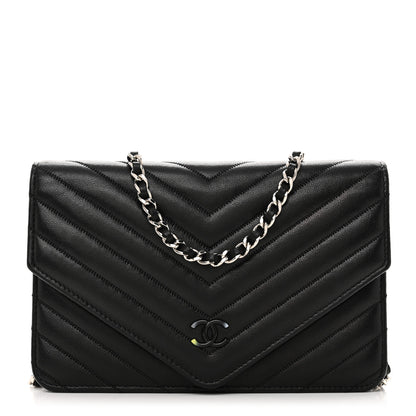 Chanel Sheepskin Chevron Wallet On Chain WOC Black 1 of 10