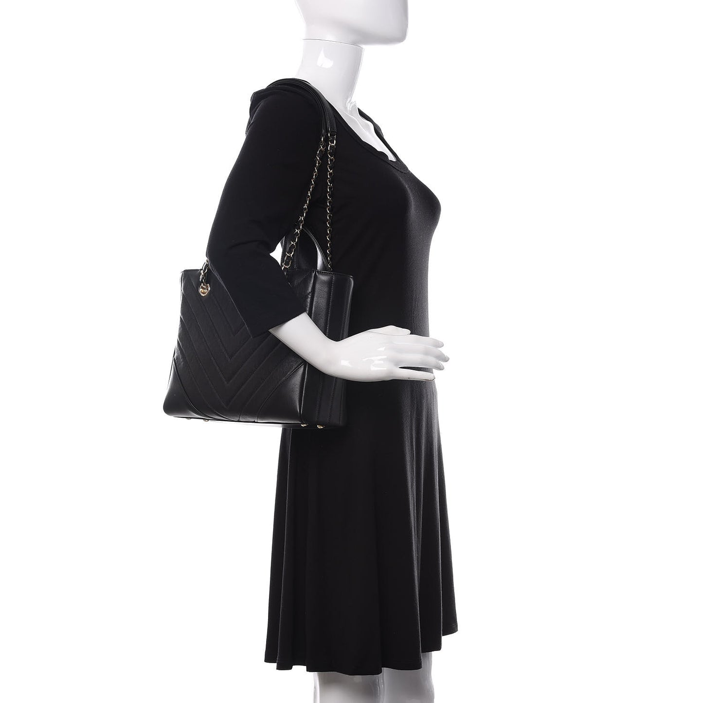 Calfskin Chevron Quilted Small Statement Shopping Tote Black