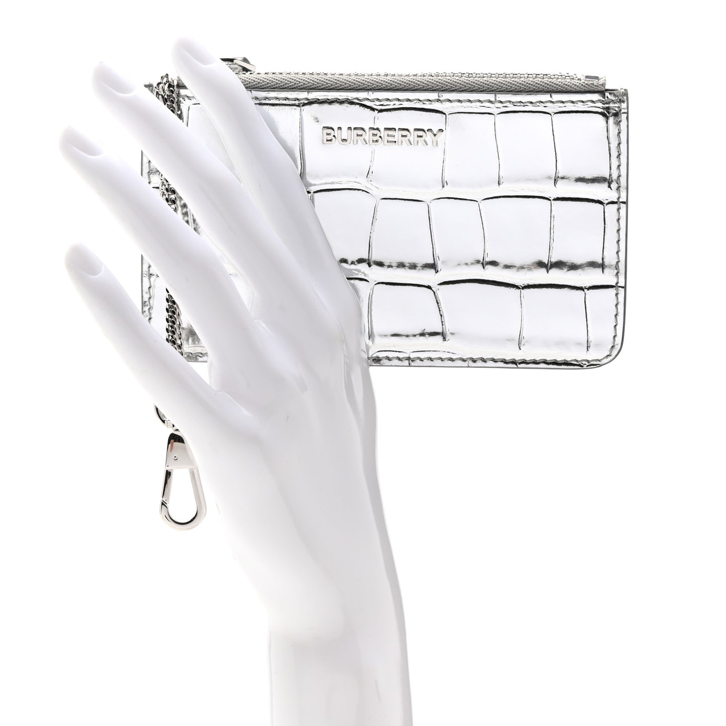 Metallic Croc Embossed Zip Around Wallet Silver