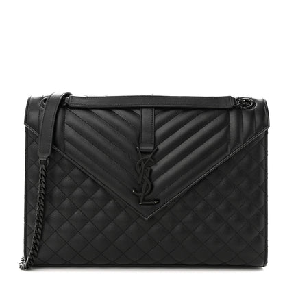 Saint Laurent Grain De Poudre Textured Mixed Matelasse Large Triquilt Monogram Monochrome Satchel Black 1 of 13