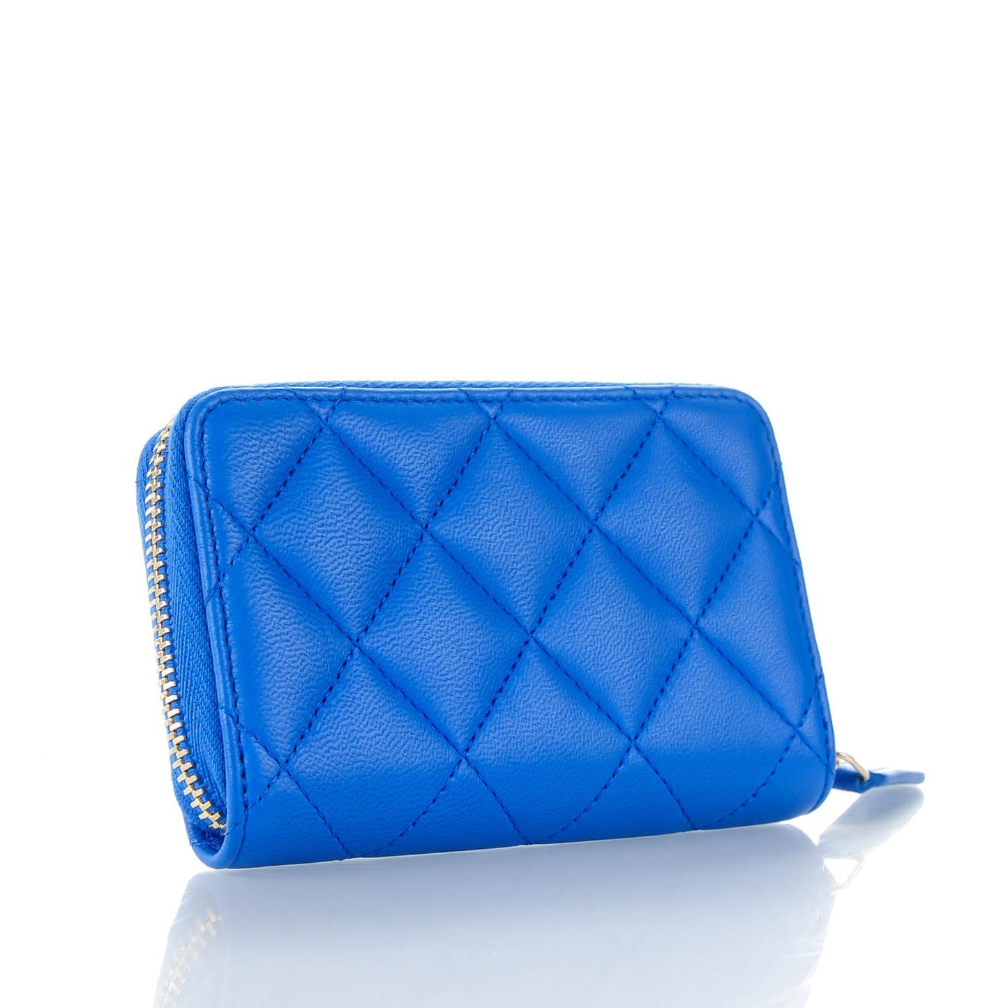 Lambskin Quilted Zip Around Coin Purse Wallet Blue
