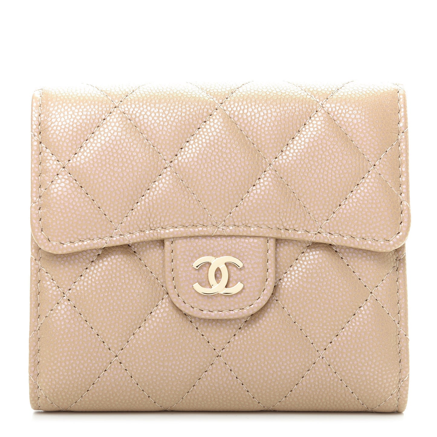 Iridescent Caviar Quilted Compact Flap Wallet Dark Beige